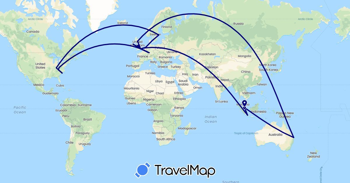 TravelMap itinerary: driving in Australia, Germany, United Kingdom, Indonesia, Luxembourg, Netherlands, Sweden, Singapore, United States (Asia, Europe, North America, Oceania)